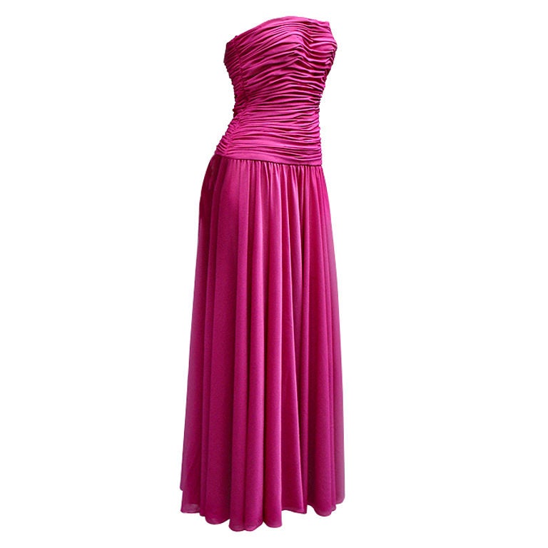 70S ESTEVEZ HOT PINK STRAPLESS DRESS