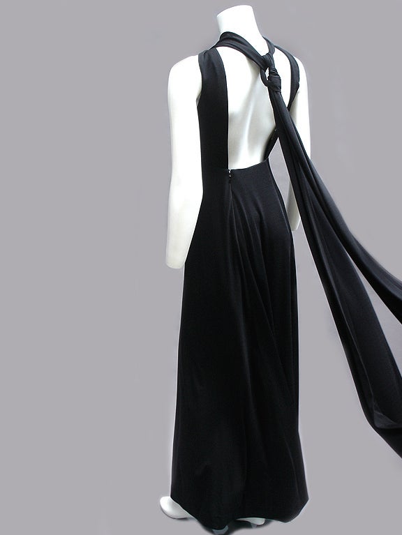70s Estevez Backless Noir Jersey Gown with Sashes In Excellent Condition For Sale In Miami Beach, FL