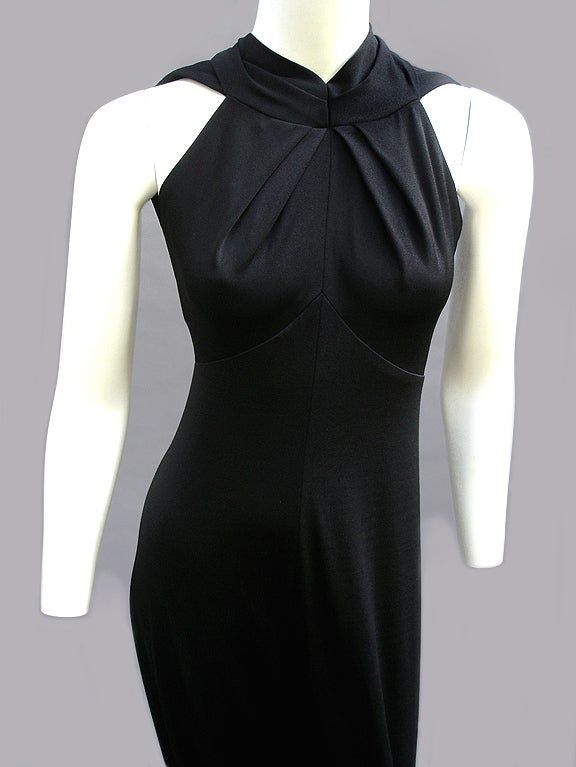 70s Estevez Backless Noir Jersey Gown with Sashes For Sale 1