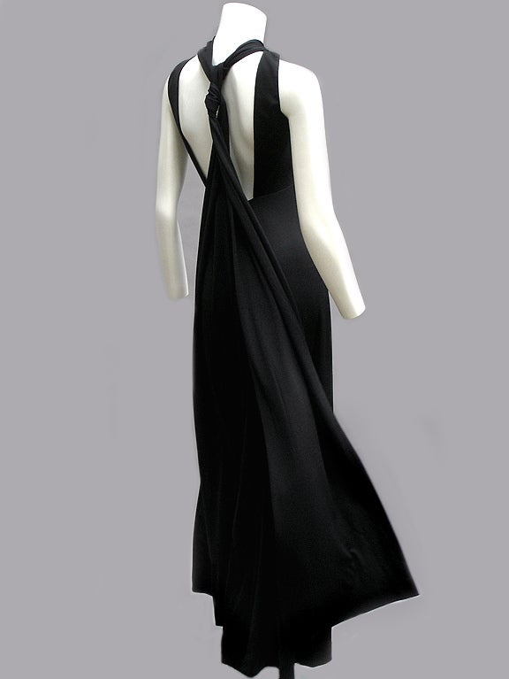 70s Estevez Backless Noir Jersey Gown with Sashes For Sale 2
