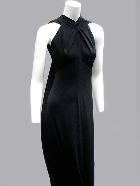 70s Estevez Backless Noir Jersey Gown with Sashes For Sale 3