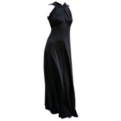 Retro 70s Estevez Backless Noir Jersey Gown with Sashes