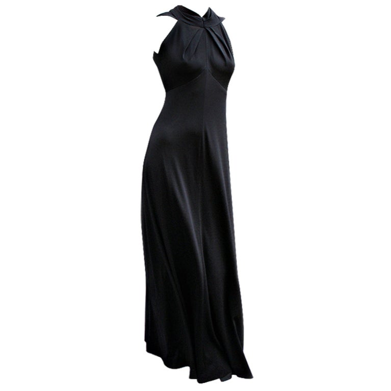 70s Estevez Backless Noir Jersey Gown with Sashes For Sale