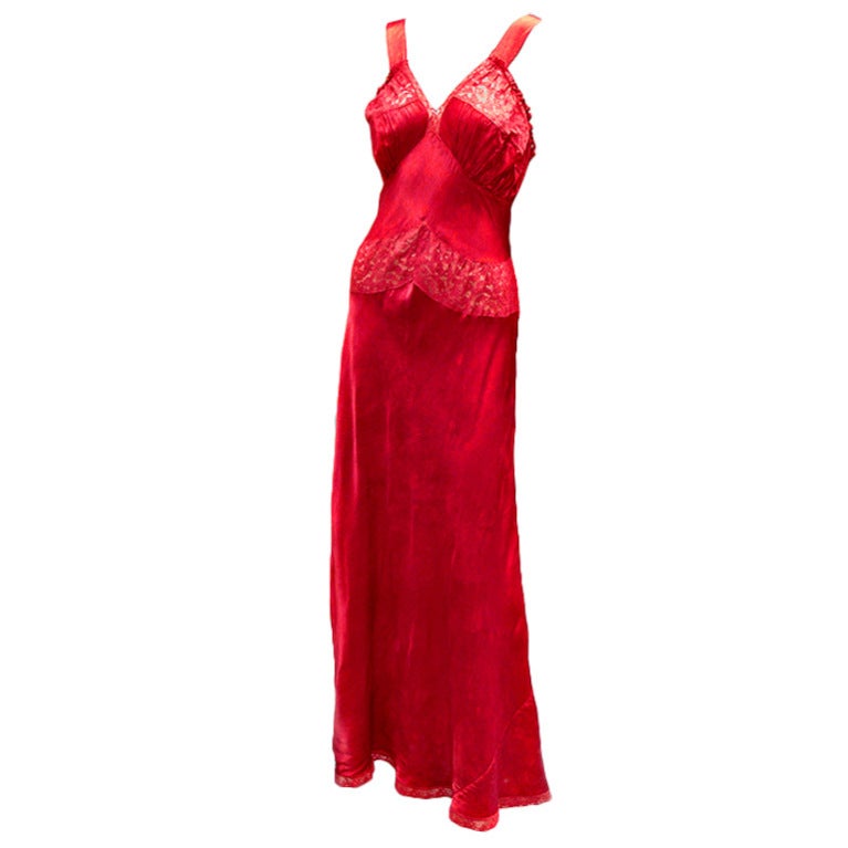 40s Miss New Yorker Ruby Red Sexy Bias Cut Satin Slip For Sale