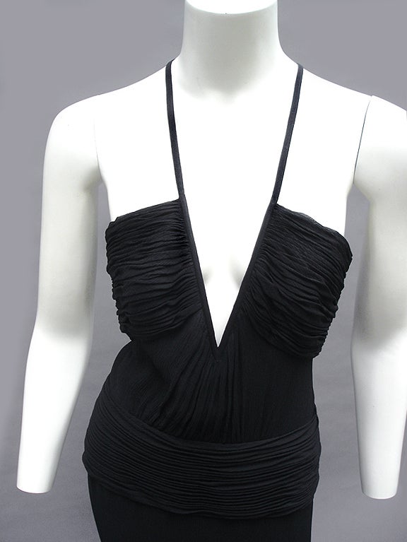 FROM THE 90'S, THIS IS JUST STUNNING ... AN ULTIMATE BLACK, SLINKY-SEXY GIANNI VERSACE.

Super Gorgeous Silk Chiffon FABRIC - Textured And Ruched At The Bust And LOWER- HIP/WAIST... Dress Has A Zipper Up The Back... Spagetti Straps- LOVE How The