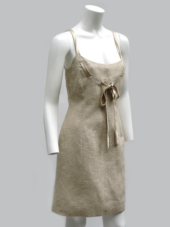 Brown 90s Valentino Raw Silk Linen Shift Dress with Bow For Sale