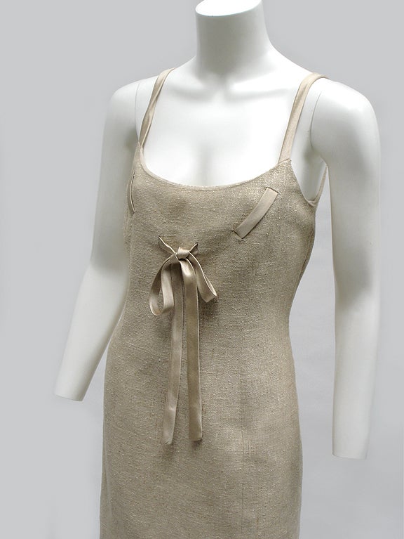 90s Valentino Raw Silk Linen Shift Dress with Bow For Sale 1