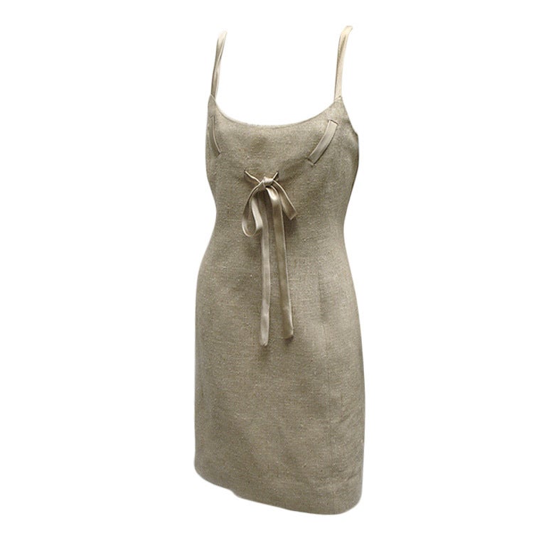 90s Valentino Raw Silk Linen Shift Dress with Bow For Sale
