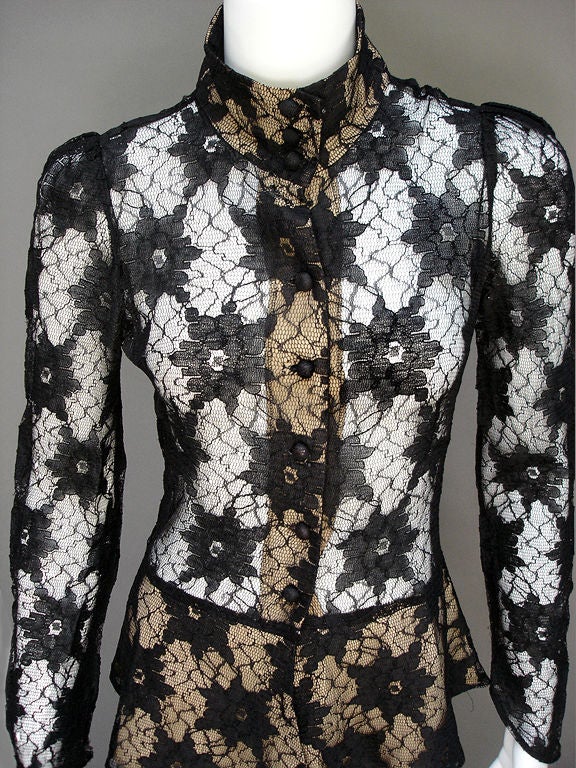 Stunning Victorian-Style Lace Top Or Jacket By Biba London, Circa 60s . . . Skinny Sleeves End In Little Points . . . Sheer Black Quality Lace All Over Except For The Peplum, Placket, And Collar, Which Are Backed With Flesh-Colored Satin--Amazing