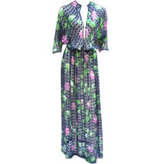 Vintage 60S Navy Floral Silk Sheer Maxi Coverup