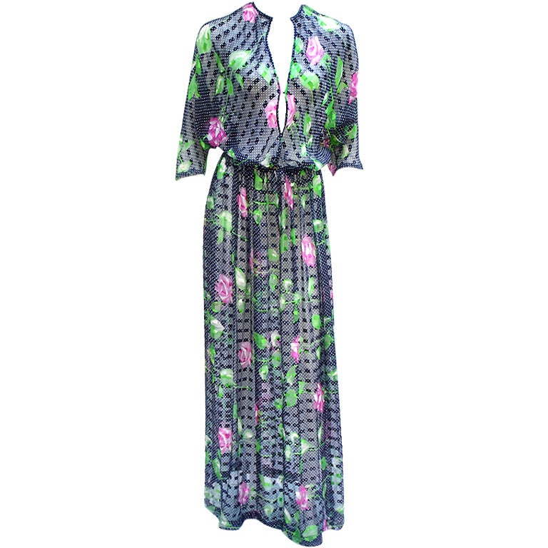 60S Navy Floral Silk Sheer Maxi Coverup at 1stDibs