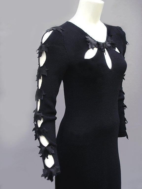 Black 70'S ADOLFO SAKS FIFTH AVENUE GOWN WITH CUT OUTS AND APPLIQUES For Sale