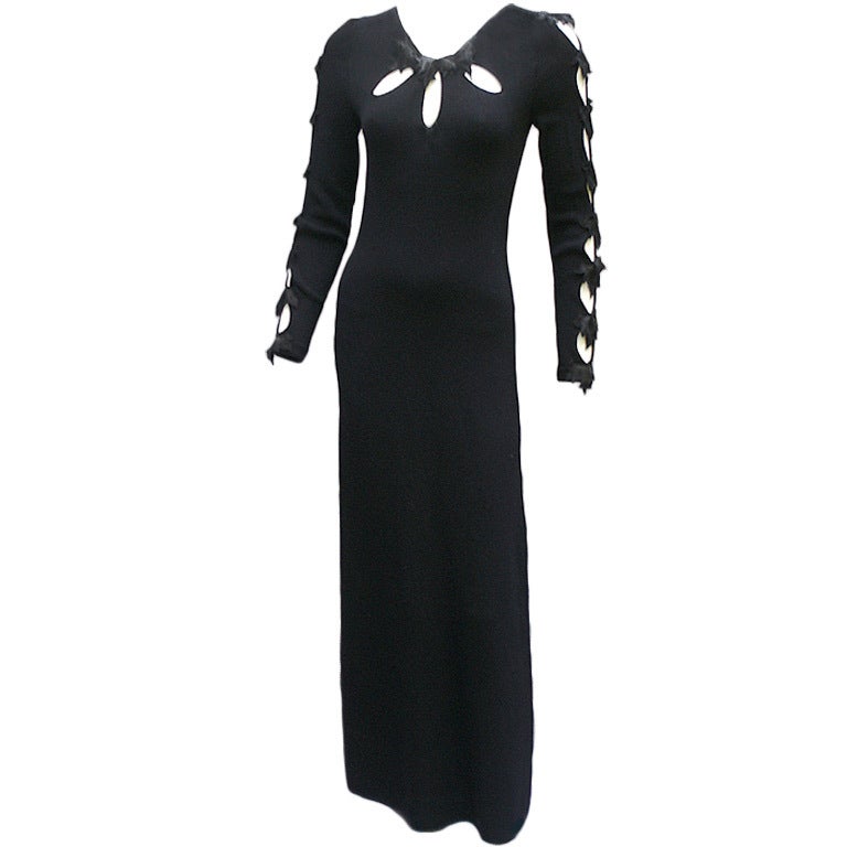 70'S ADOLFO SAKS FIFTH AVENUE GOWN WITH CUT OUTS AND APPLIQUES For Sale