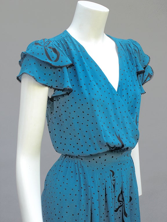 70s Flora Kung Blue Silk Wrap Dress