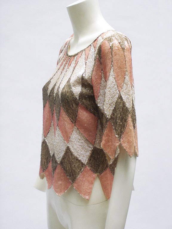 Stunning Vintage 60s Sequin Top - Colors are a Bit Paler than the Photos - Pink ,Taupe and Ivory Sequins in a Harlequin Design - Love the Points at Sleeves and Hem ... Lined in Silk Chiffon ...Freshly Laundered - Looking as if never worn...
