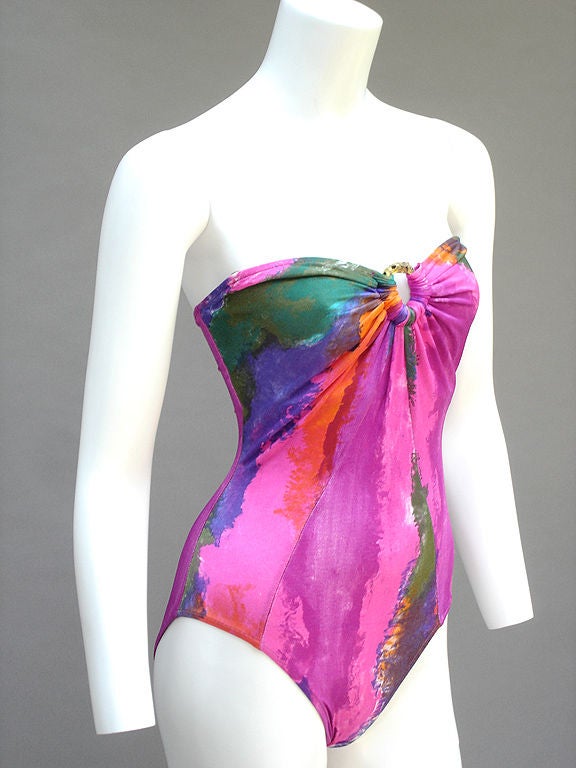 Purple 80S OSCAR DE LA RENTA PAINT PRINT SWIMSUIT For Sale