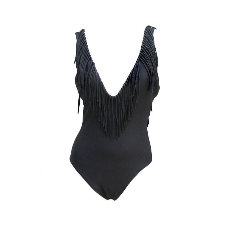 80S BILL BLASS FRINGED BLACK ONE-PIECE