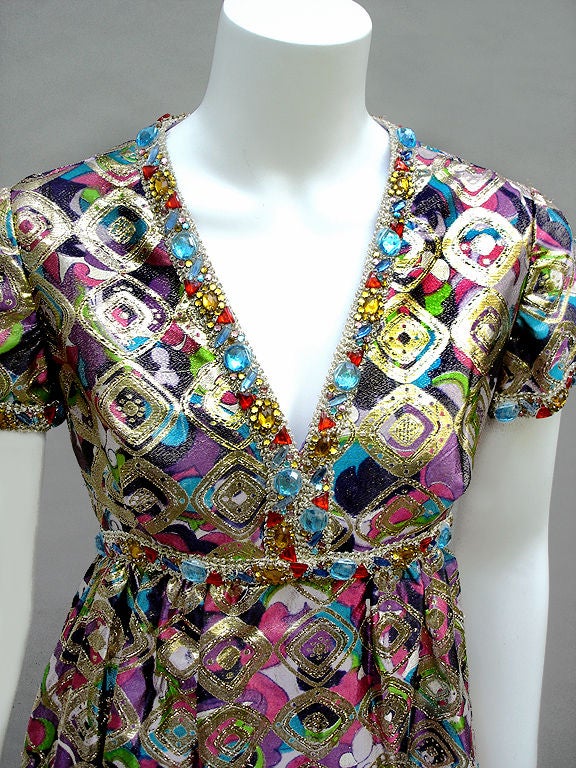 60S MALCOLM STARR--COLORFUL GOLDEN SILK DRESS For Sale at 1stdibs