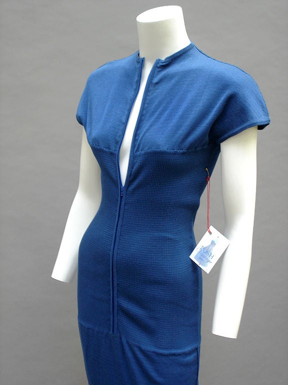 80s Claude Montana Cotton Skirt Knit Blue Zipper Dress