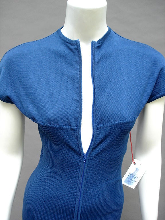 80s Claude Montana Cotton Skirt Knit Blue Zipper Dress In Excellent Condition For Sale In Miami Beach, FL
