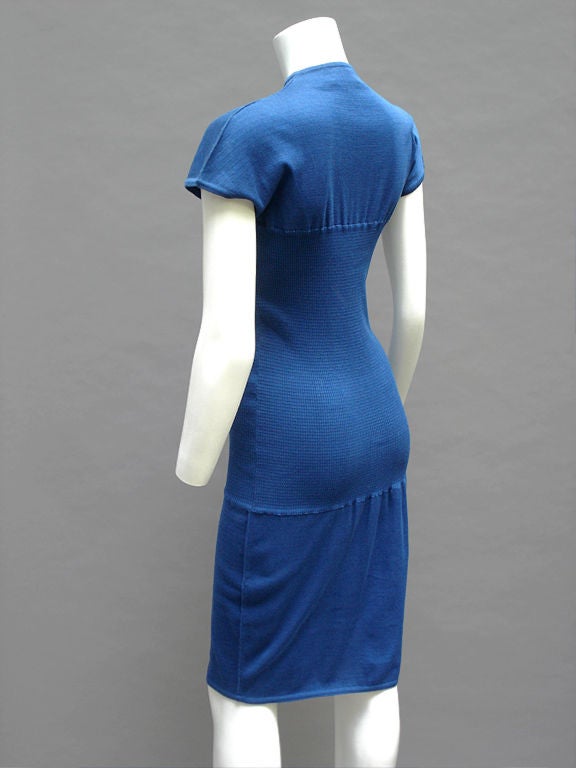 Women's 80s Claude Montana Cotton Skirt Knit Blue Zipper Dress For Sale