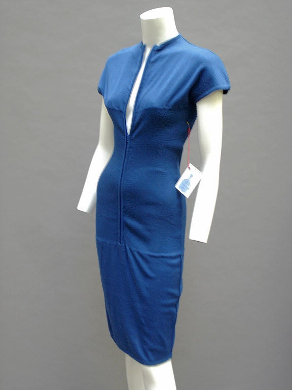 80s Claude Montana Cotton Skirt Knit Blue Zipper Dress For Sale 1