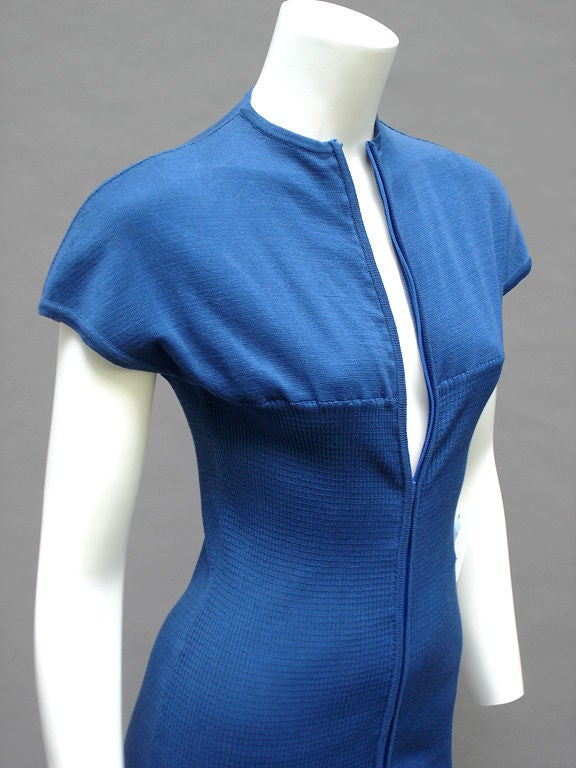 80s Claude Montana Cotton Skirt Knit Blue Zipper Dress For Sale 2