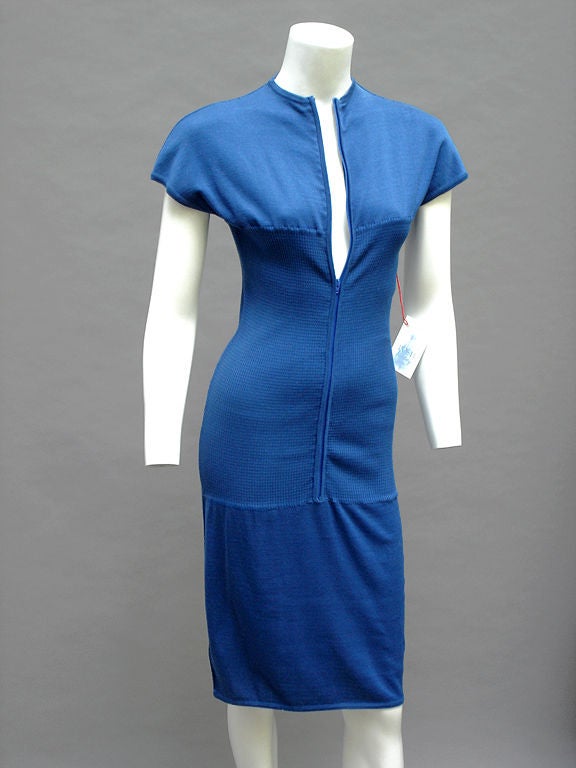 80s Claude Montana Cotton Skirt Knit Blue Zipper Dress For Sale 3