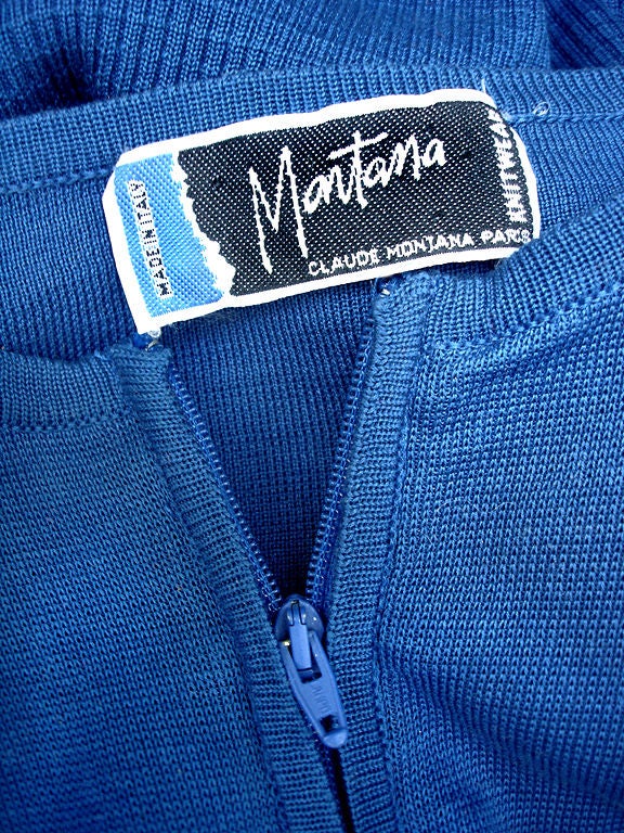 80s Claude Montana Cotton Skirt Knit Blue Zipper Dress For Sale 4