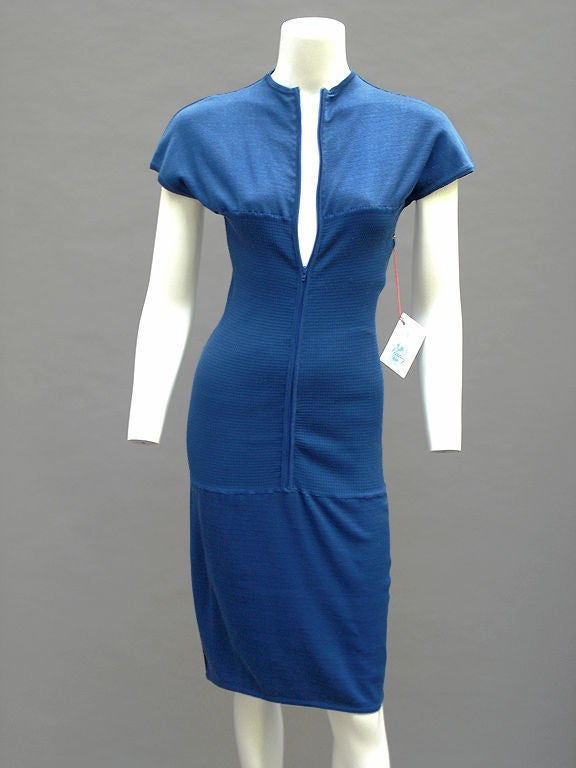 80s Claude Montana Cotton Skirt Knit Blue Zipper Dress For Sale 5