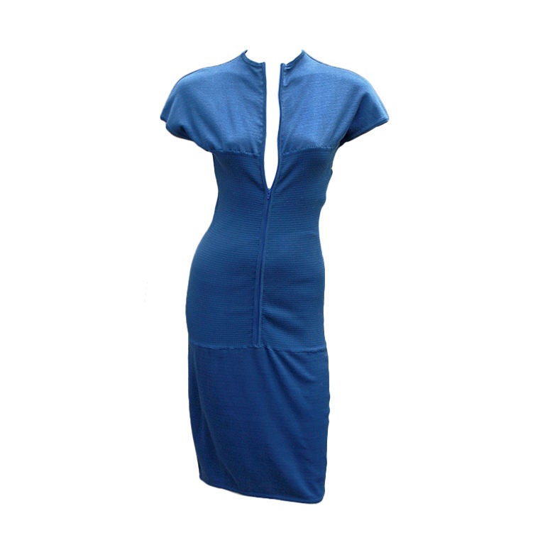 80s Claude Montana Cotton Skirt Knit Blue Zipper Dress For Sale