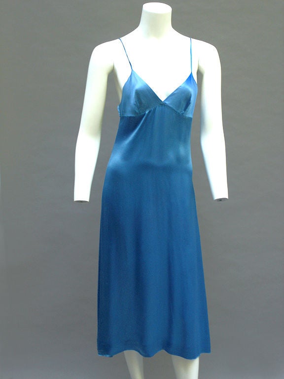 70S BIBA BLUE SATIN MID-LENGTH SLIP DRESS 1