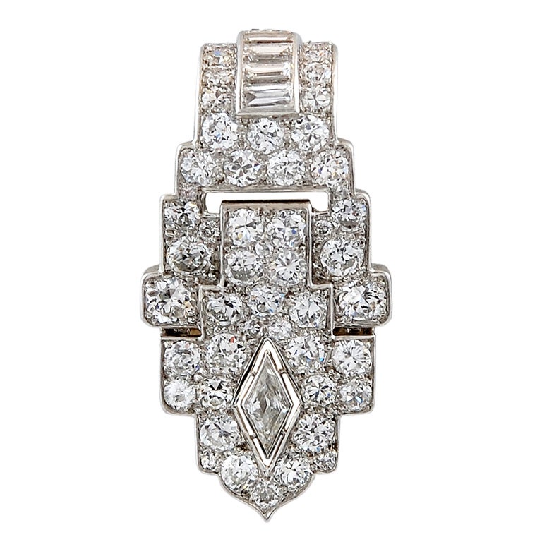 CARTIER LONDON Documented Art Deco Diamond Clip For Sale