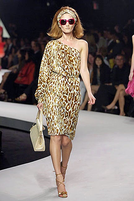 Gray Christian Dior/J-Lo 1 Shoulder Leopard Silk Dress with Jeweled Topaz Belt