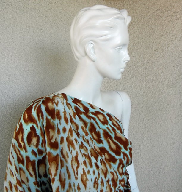 Christian Dior/J-Lo 1 Shoulder Leopard Silk Dress with Jeweled Topaz Belt In Excellent Condition In Los Angeles, CA