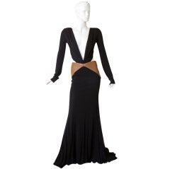 VERSACE PLUNGING FRONT/BARE BACK CUT-OUT SILK & LEATHER GOWN