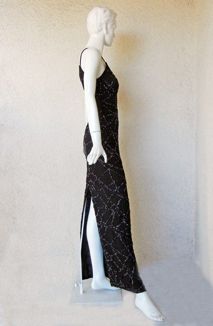 Odicini Couture Hand Beaded Black Silk Lattice Work Gown In Excellent Condition In Los Angeles, CA