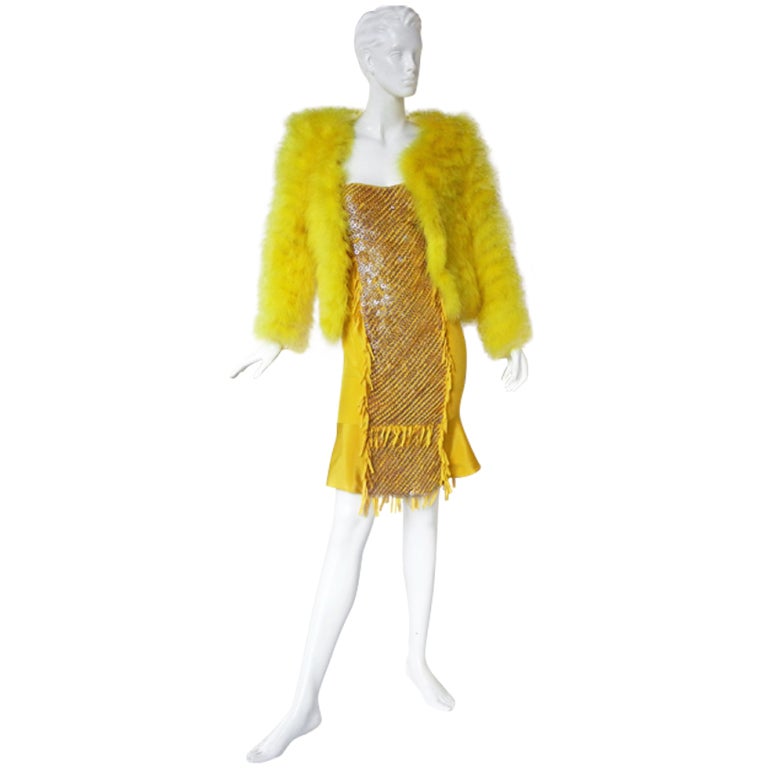 RARE 2004 GOLDEN GUCCI TOM FORD EVENING DRESS 
MARIBOU JACKET