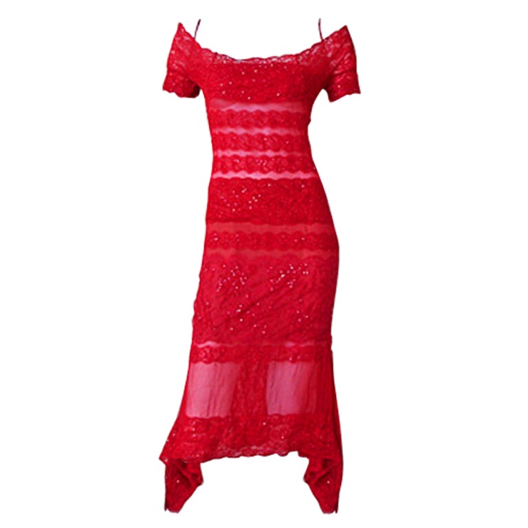 Gianfranco Ferre $10K NWT "Lady in Red" Beaded Lace Sheer Evening Dress
