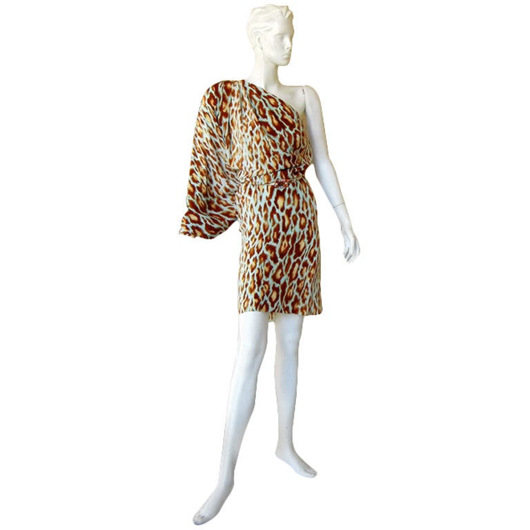 Christian Dior/J-Lo 1 Shoulder Leopard Silk Dress with Jeweled Topaz Belt