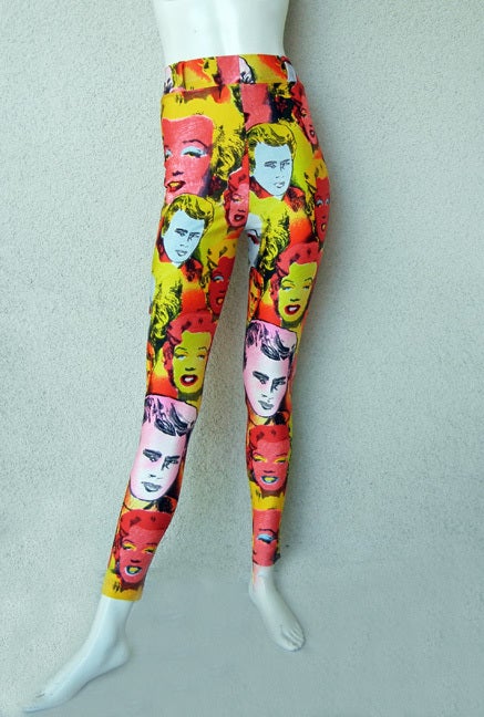 Thrice famous, these Pop Art leggings embodies the fame and fashion of Gianni Versace .... The fame and art of Andy Warhol ... and the fame and celebrity of Hollywood's Marilyn Monroe and James Dean. Featured in Vogue Italia in February 1991. 
