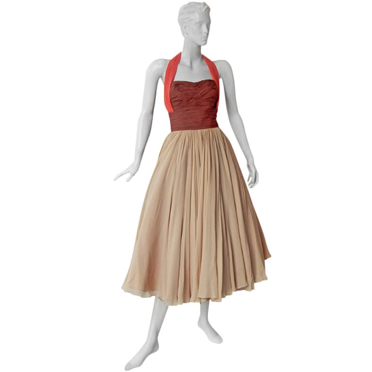 Striking 1940's Schiaparelli Halter Colorblock Silk Cocktail Dress For