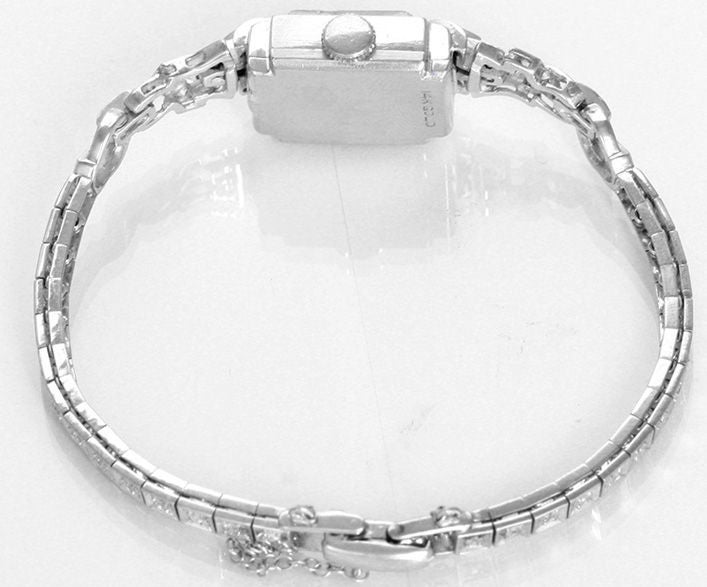 Ladies Vintage Hamilton 14k White Gold & Diamond Ladies Dress Watch -  Manual winding, 14k white gold case with diamond bezel and lugs. Ivory colored dial with Arabic numerals and dot markers. 14k white gold bracelet set with diamonds (will fit apx.