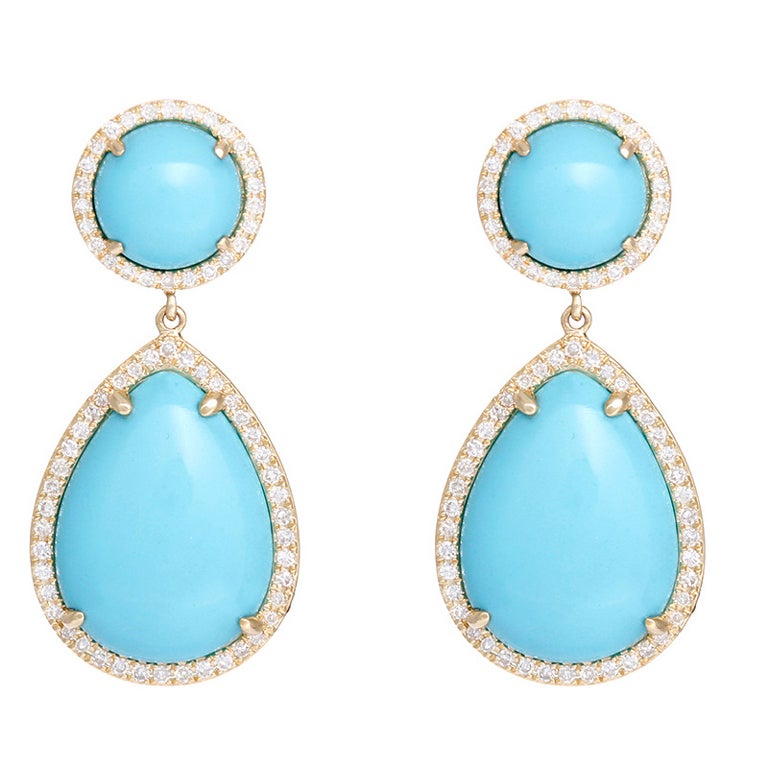 StunningTurquoise & Diamond Yellow Gold Teardrop Dangle Earrings