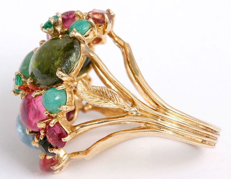 This beautiful multi-colored gemstone and pearl 14kt yellow gold ring is from  the family estate of the glamorous Gabor sisters,  Zsa Zsa, Eva, and Magda, often referred to as, “America’s Sweethearts,