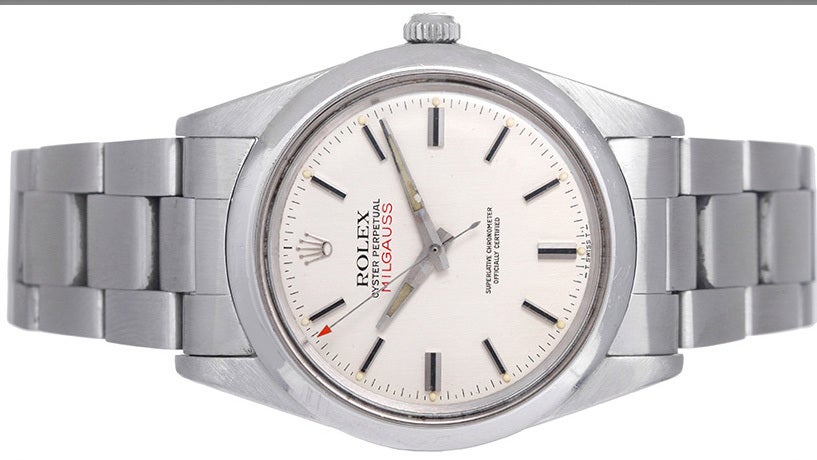 Rolex stainless steel Milgauss second generation wristwatch, Ref. 1019. Automatic movement cal. 1580 with soft iron anti-magnetic protection, used for working around magnetic fields. Stainless steel case with smooth bezel (37mm diameter). Acrylic