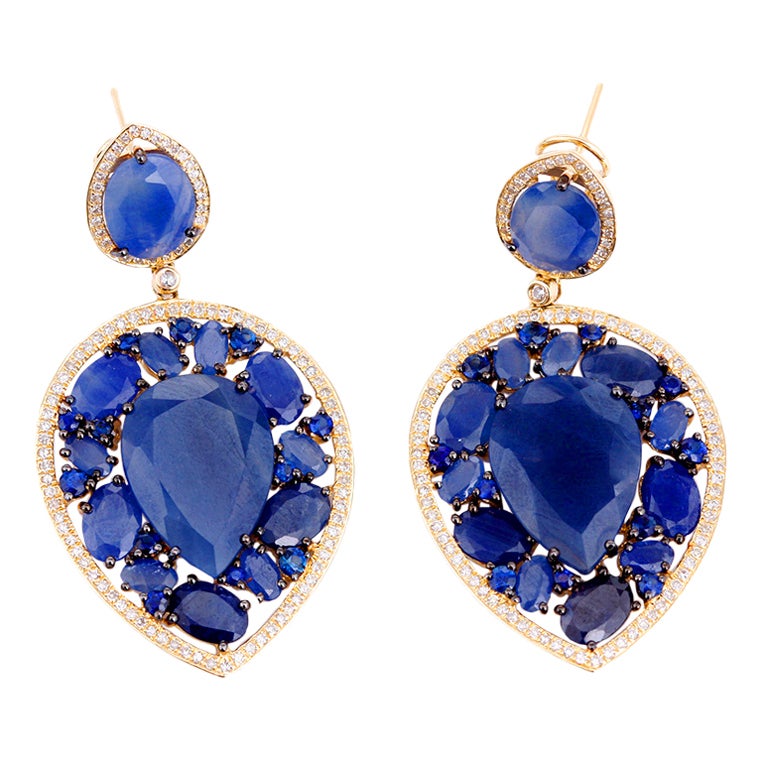 Stunning Large Teardrop Sapphire, Diamond & Yellow Gold Earrings