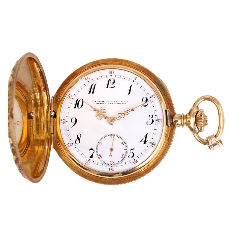 Rare Patek Philippe Pocket Watch with Unusual High Relief 18k Hunting Case (49mm)  with manual-wind movement, 20 jewels; movement signed Patek Philippe & Co. Unusual 18k yellow gold ornately engraved high relief contract hunting case for Patek