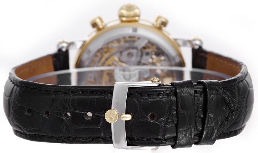 Chronoswiss 18k Yellow Gold and Stainless Steel Opus Skeletonized Chronograph Wristwatch, Ref. CH 7522,  with automatic winding skeleton movement. Stainless steel case with coin edge 18k yellow gold bezel (38mm diameter). Silvered skeletonized dial.