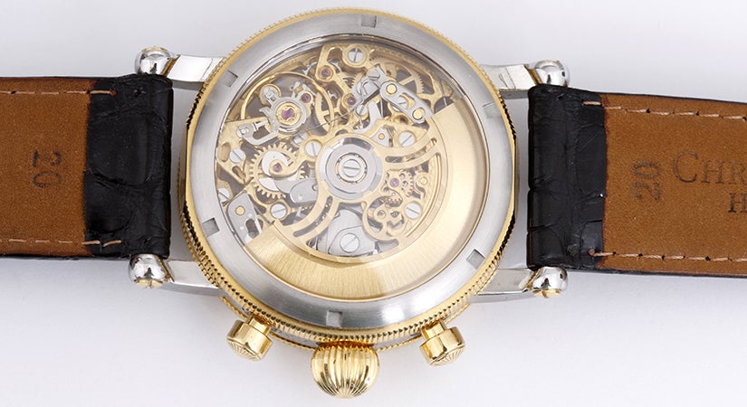 Women's or Men's Chronoswiss Yellow Gold and Steel Opus Skeletonized Chronograph